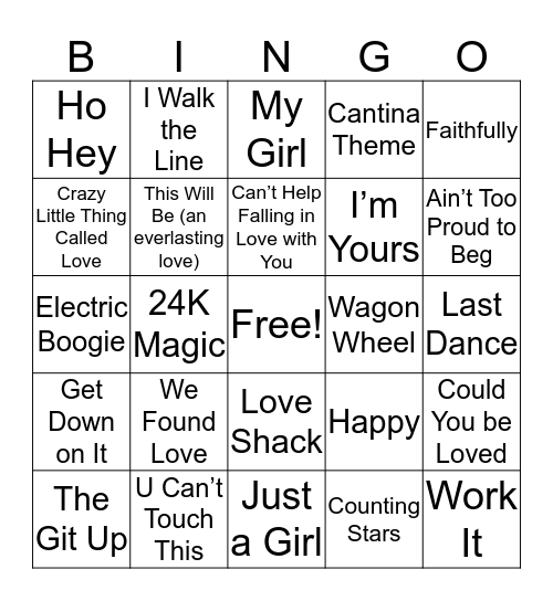 Wedding Songs  Bingo Card
