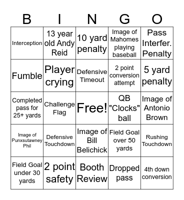 2020 Super Bowl Bingo Card