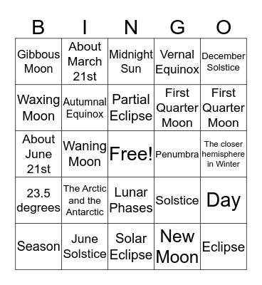 Space Science Unit 3 BINGO Card