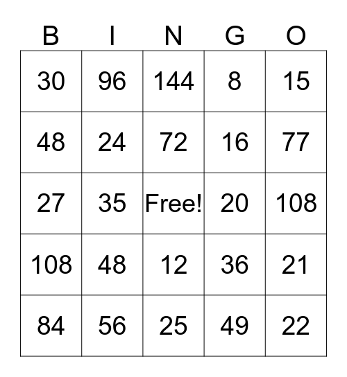 Multiplication Bingo Card
