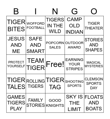 TIGER CUBS Bingo Card