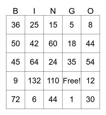 Multiplication Bingo Card