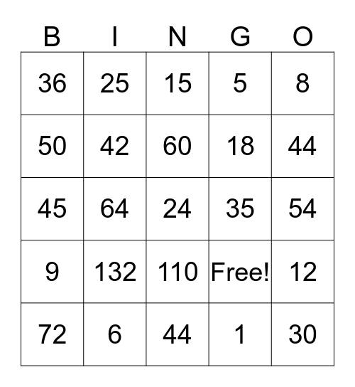 Multiplication Bingo Card