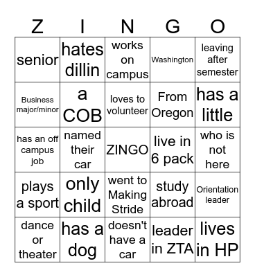 ZISTER ZINGO Bingo Card