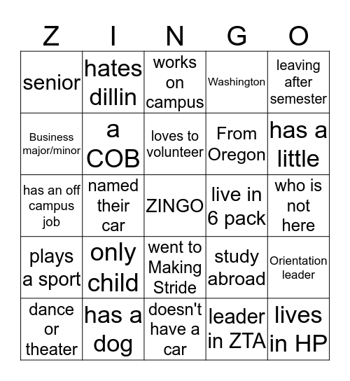 ZISTER ZINGO Bingo Card