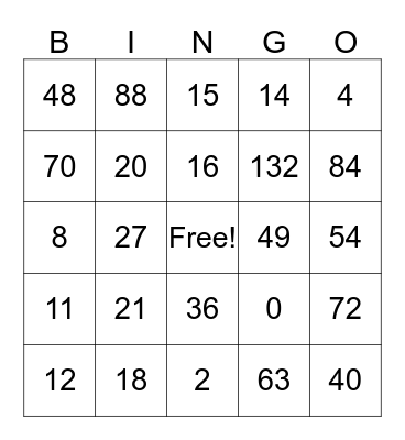 Multiplication Bingo Card