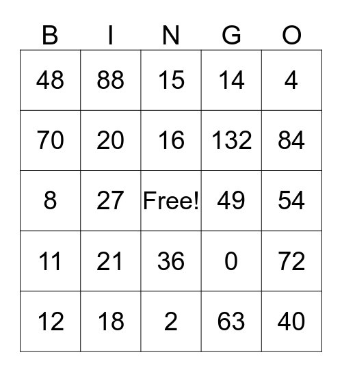 Multiplication Bingo Card