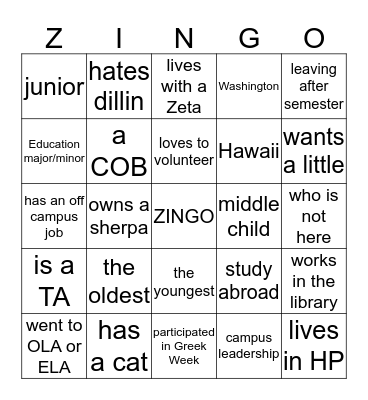 ZISTER ZINGO Bingo Card