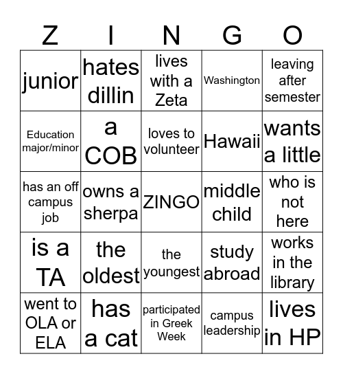 ZISTER ZINGO Bingo Card