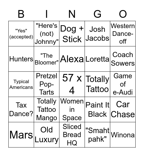 Super Bowl LIV Commercial Bingo! Bingo Card