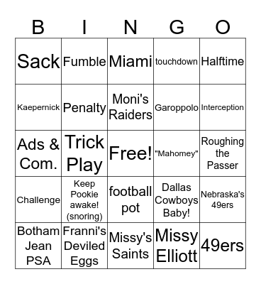 Fam's Super Bowl Bingo Card