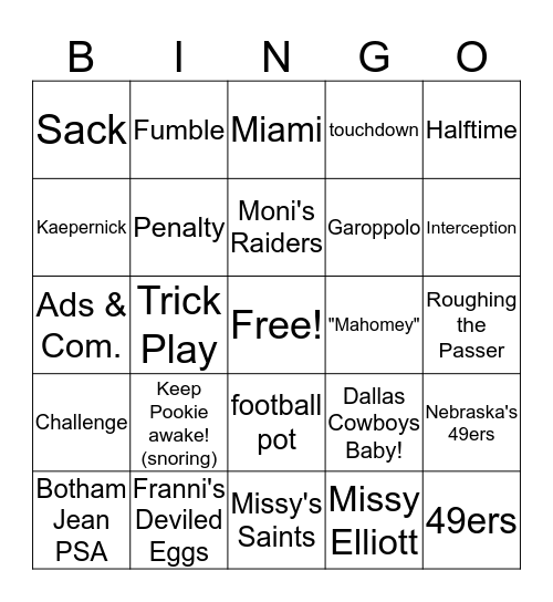 Fam's Super Bowl Bingo Card