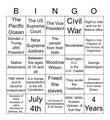 Civics Bingo Questions 1-25 Bingo Card