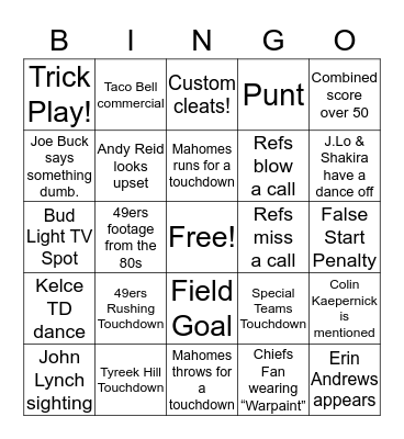 Super Bowl LIV Bingo Card