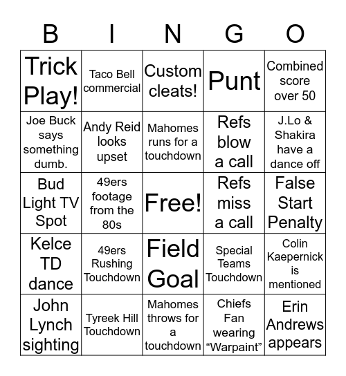 Super Bowl LIV Bingo Card