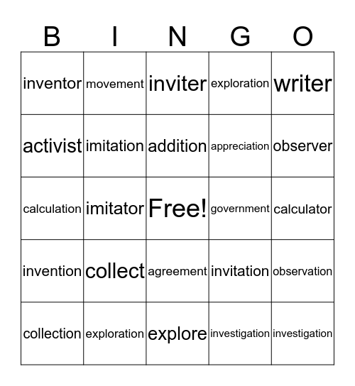 Suffixes -ion, -tion; -er/or, ent, -ist; -ment Bingo Card