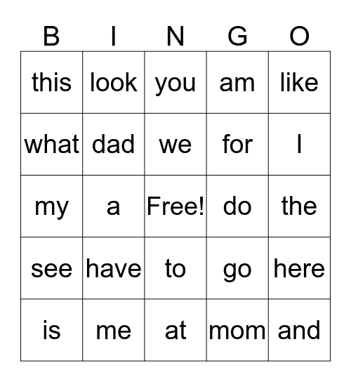 Sight words Bingo Card