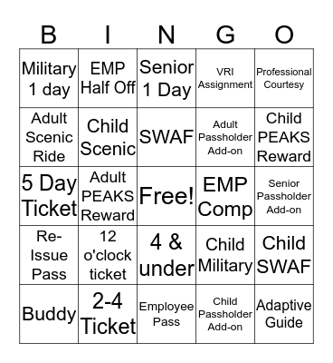 Tickets Bingo Card