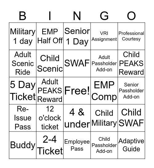 Tickets Bingo Card