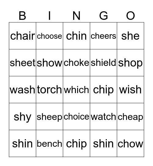 /sh/ and /ch/ Bingo Card
