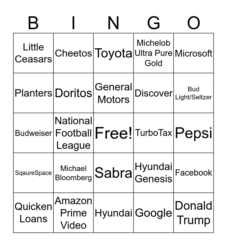 Super Bowl Commercials 2020 Bingo Card