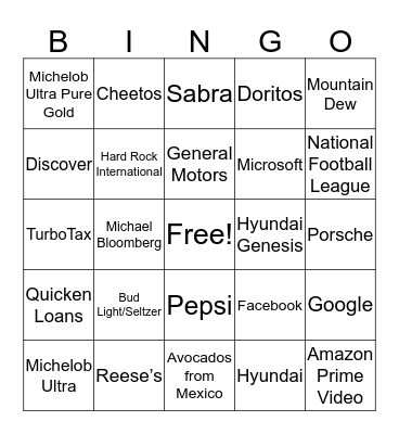 Super Bowl Commercials 2020 Bingo Card