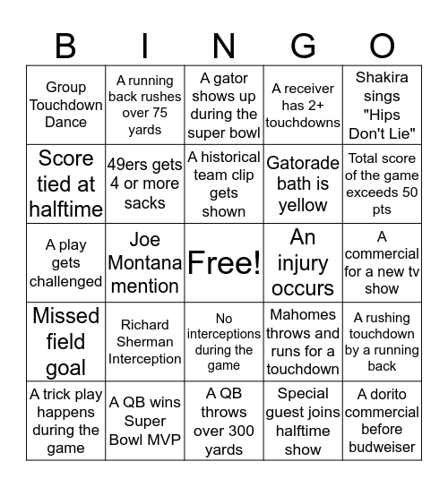 AC SUPER BOWL LIV Bingo Card