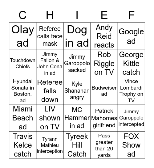 SUPER BOWL LIV BINGO Card