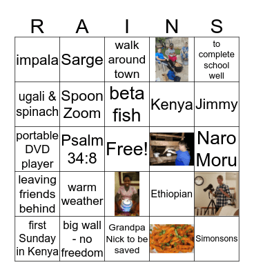 HEF Missionaries on a Kid's Heart Bingo Card