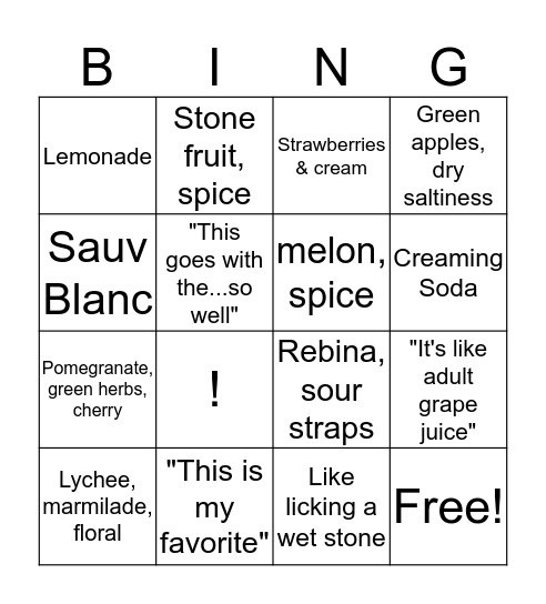 Wine-O Bingo Card