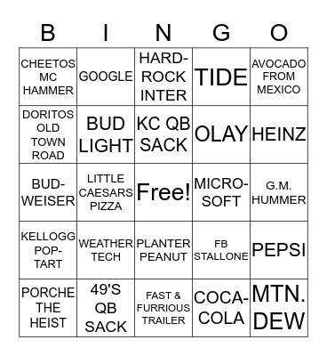 SUPER BOWL 2020 Bingo Card