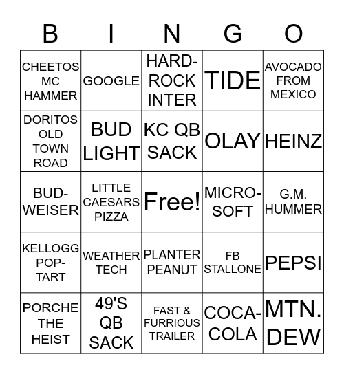 SUPER BOWL 2020 Bingo Card