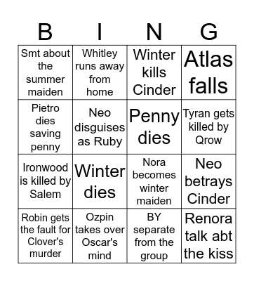 RWBY Volume 7 Finale Predictions (Bingo) Bingo Card