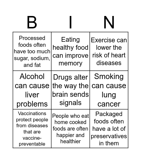 Good Health and Wellbeing Bingo Card