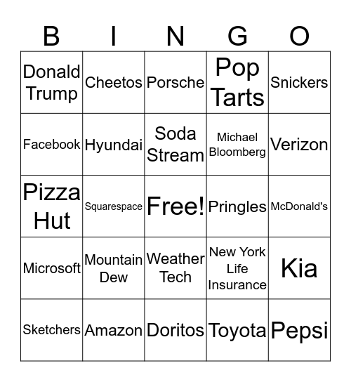 Super Bowl Commercials! Bingo Card