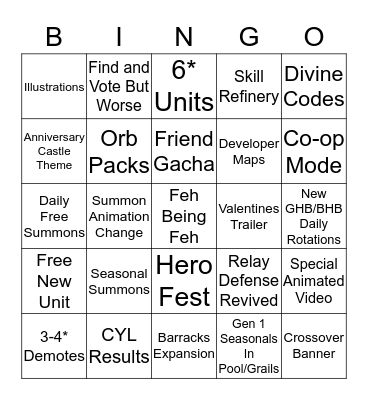 Feh Channel Anniversary Bingo Card