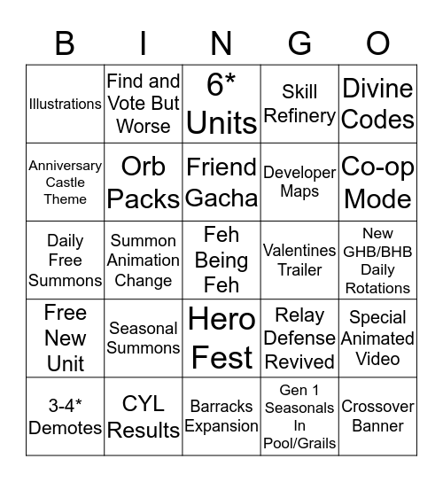 Feh Channel Anniversary Bingo Card