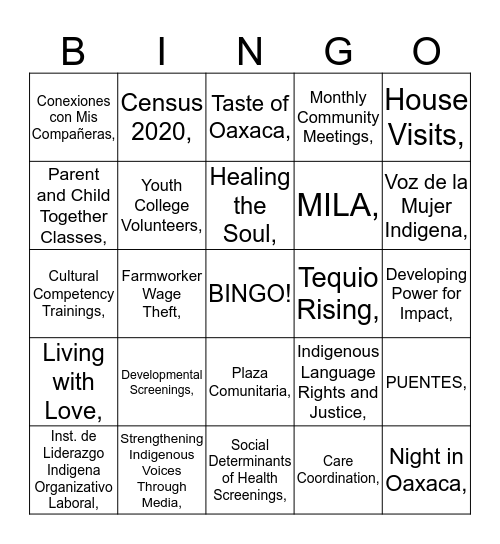 MICOP PROGRAMS  Bingo Card