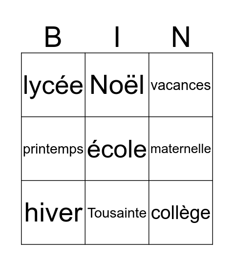 rythmes scolaires  Bingo Card