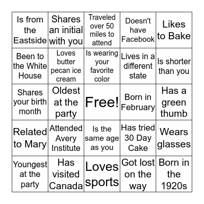 Who's at Mary's 100th? Bingo Card