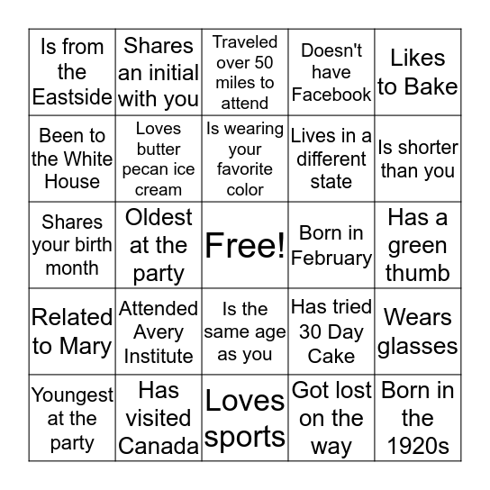 Who's at Mary's 100th? Bingo Card
