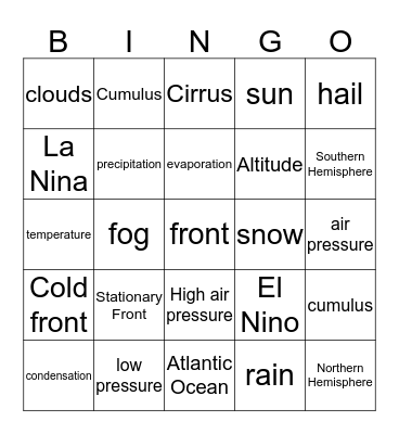 Weather Vocabulary Bingo Card