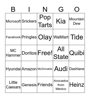 Super Bowl 54 Commercial Bingo Card