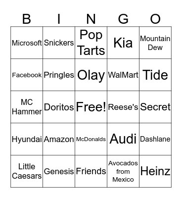 Super Bowl 54 Commercial Bingo Card