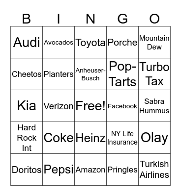 Super Bowl Commercial Bingo Card