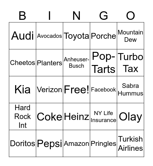 Super Bowl Commercial Bingo Card