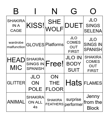 SUPER BOWL HALFTIME SHOW; Bingo Card