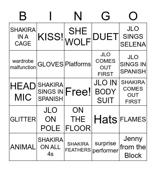 SUPER BOWL HALFTIME SHOW; Bingo Card