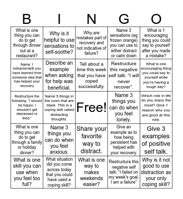 Coping Skills Bingo Card