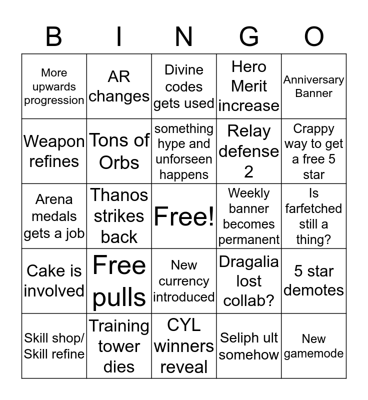 Anniversary Bingo Card